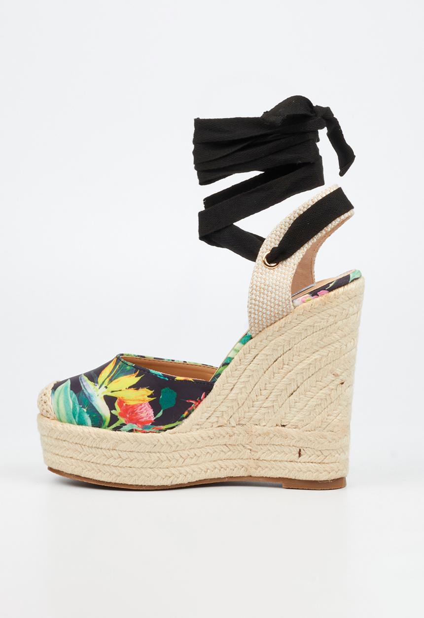 Miss Black - Moniker 10 platform rope wedge - black floral