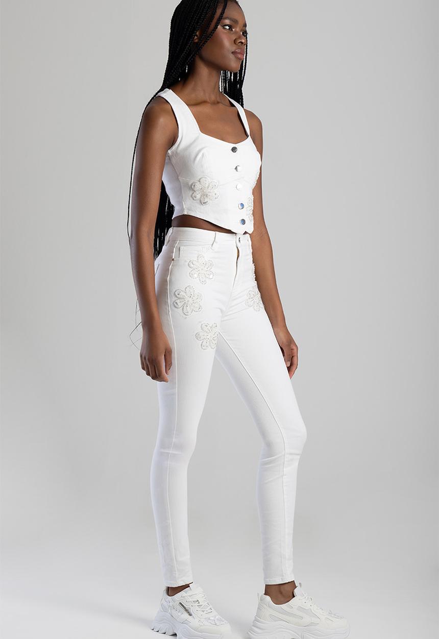 SISSY BOY - High Waist Skinny With Floral Applique  - White