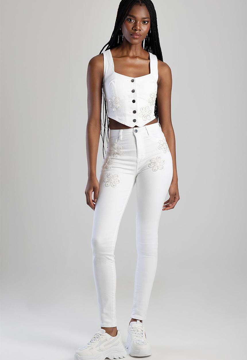 SISSY BOY - High Waist Skinny With Floral Applique  - White