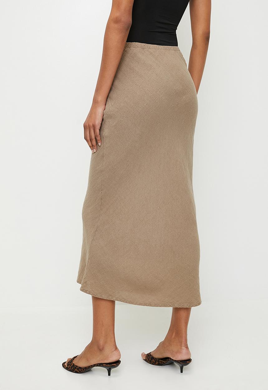 Trendyol - Linen elastic waist high waist midi skirt - mink