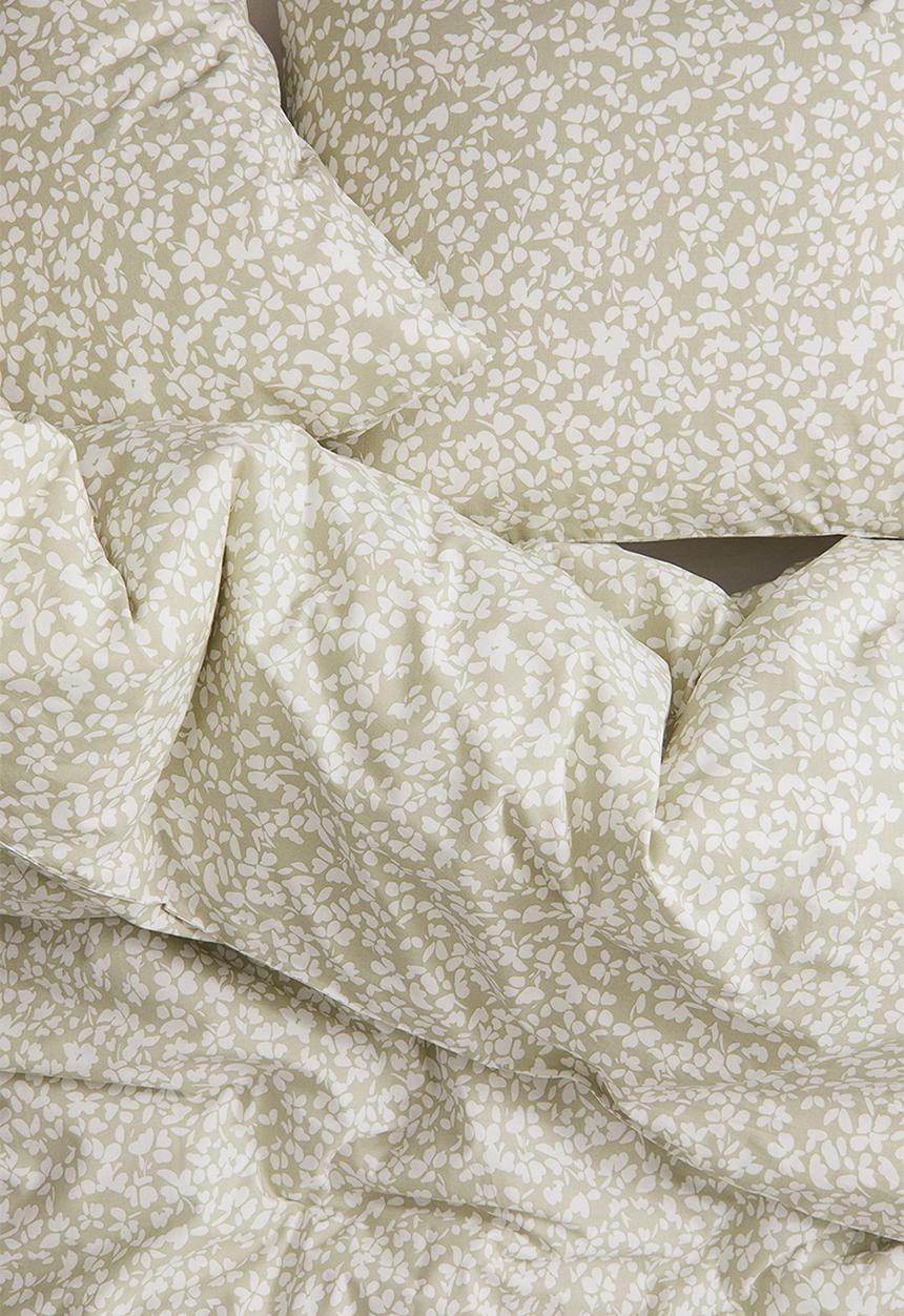 H&M - Double/king size cotton duvet cover set - light dusty green/floral