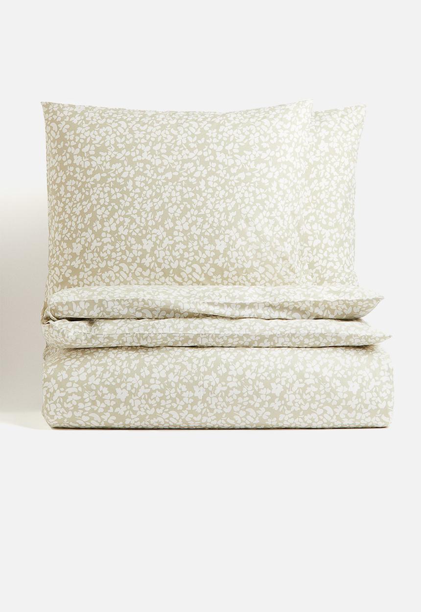 H&M - Double/king size cotton duvet cover set - light dusty green/floral