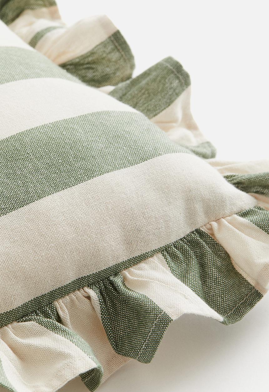 H&M - Frill-trimmed cotton seat cushion - dusty green striped 