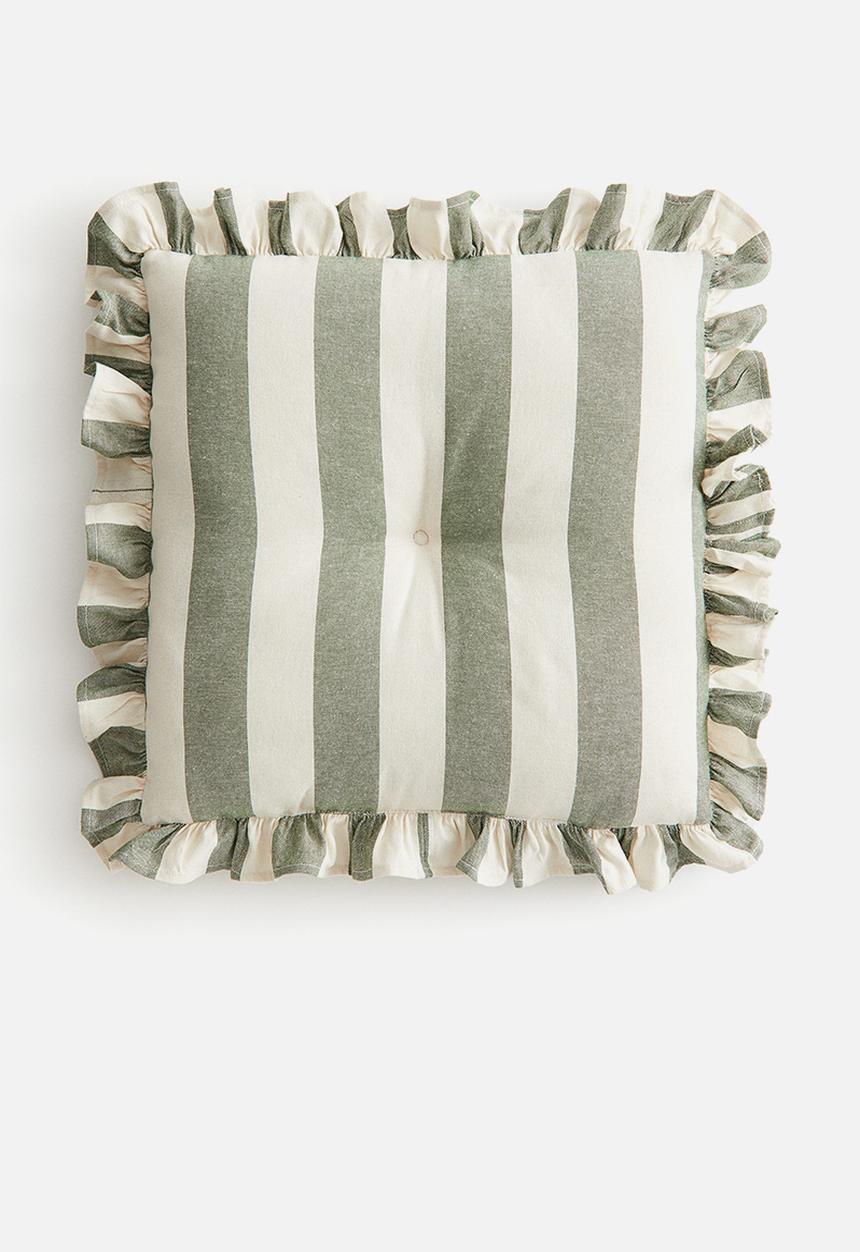 H&M - Frill-trimmed cotton seat cushion - dusty green striped 