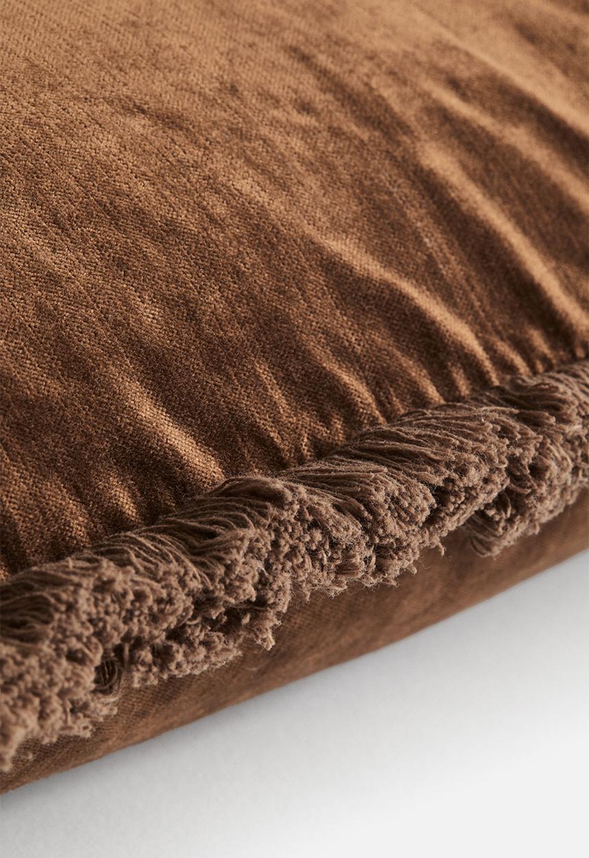 H&M - Fringed velvet cushion cover - brown