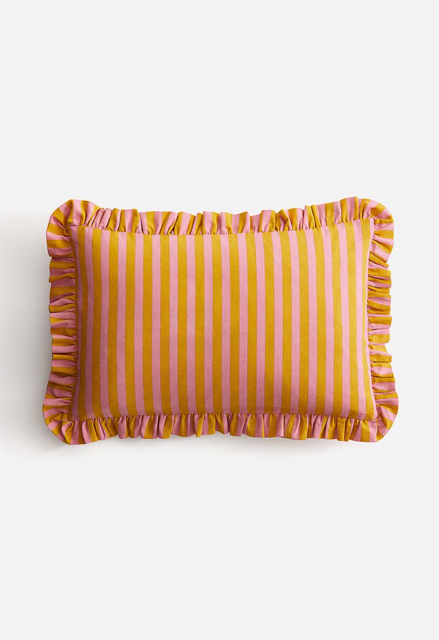 H&M - Frill-trimmed cotton cushion cover - pink striped