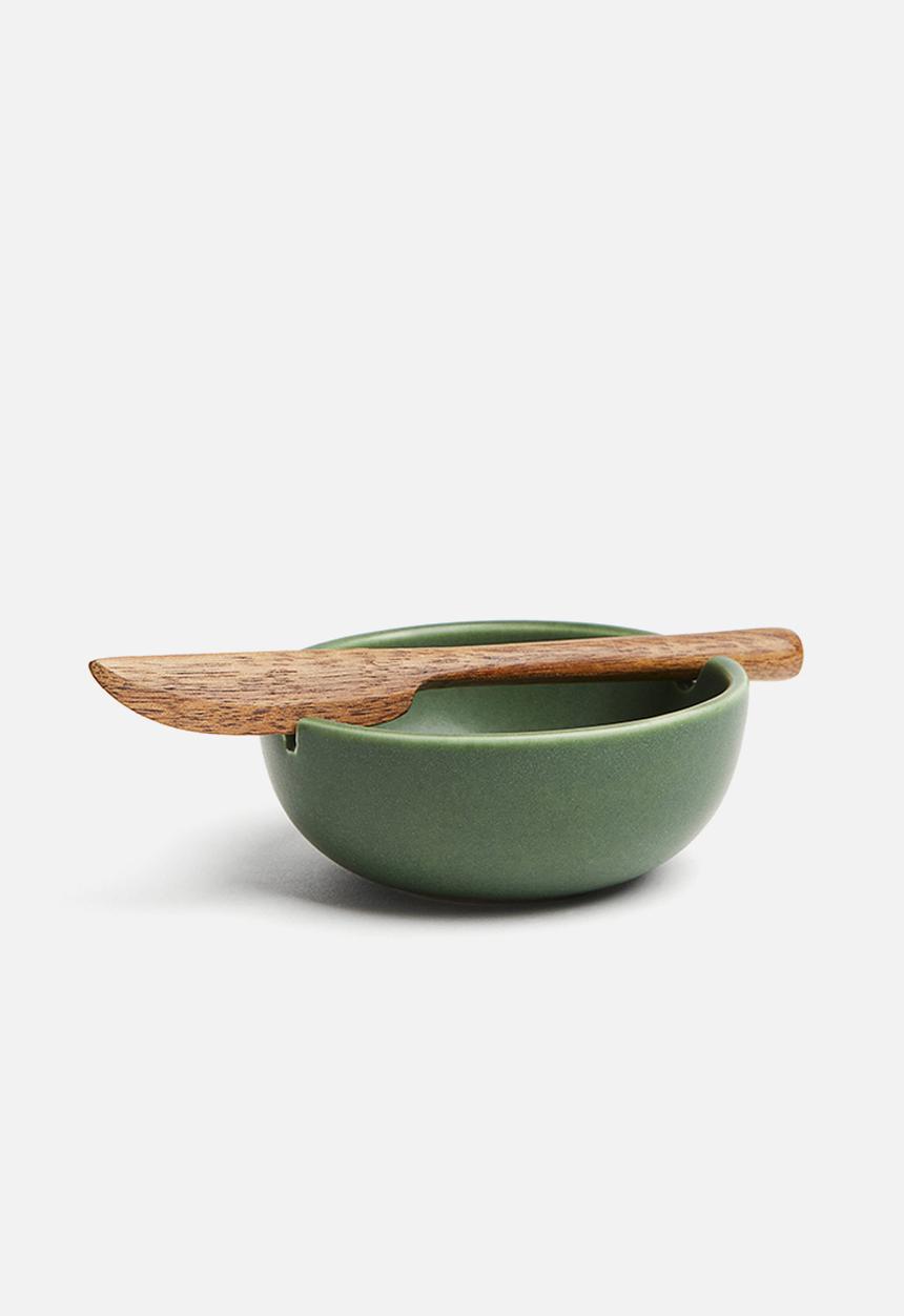 H&M - Stoneware butter bowl with knife - green
