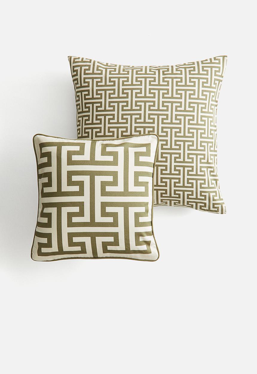 H&M - 2-pack cotton cushion covers - khaki green/patterned 