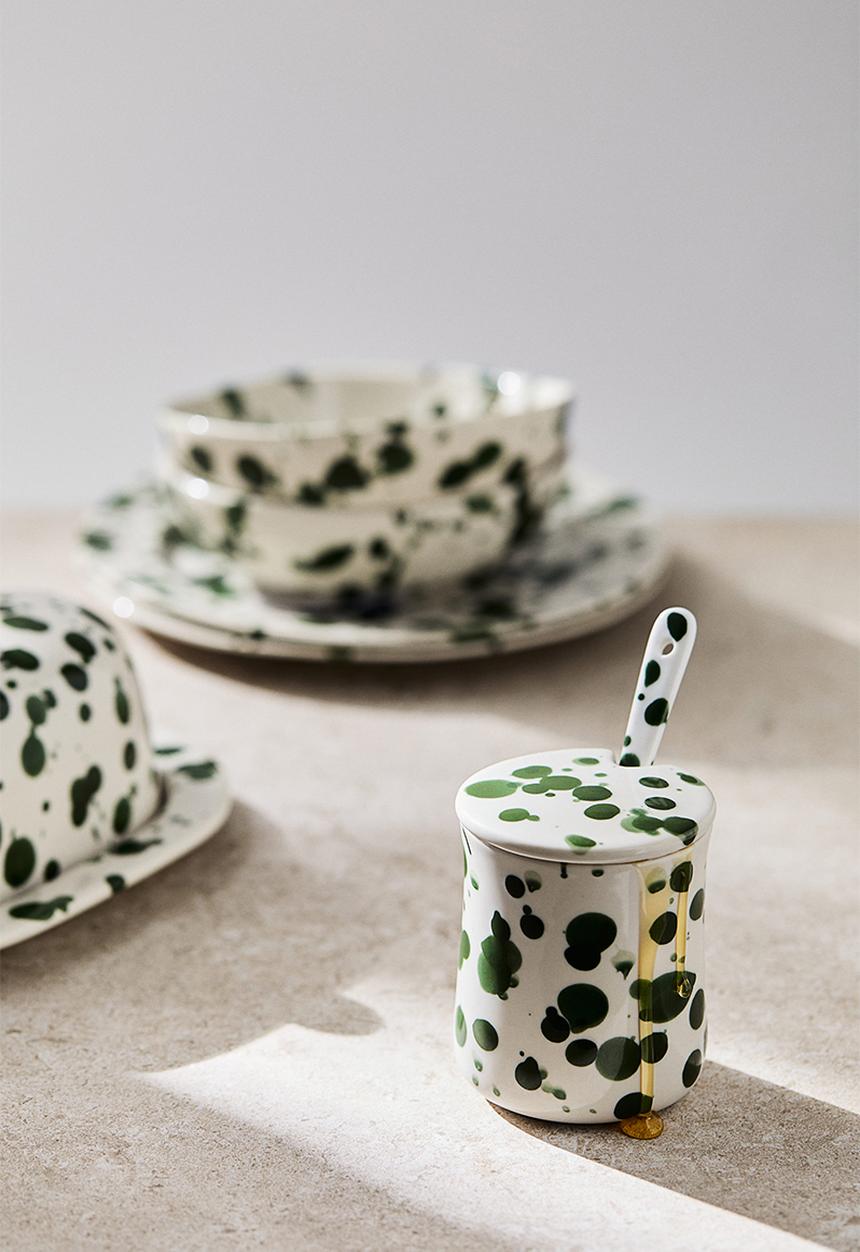 H&M - Patterned stoneware jar - green speckled