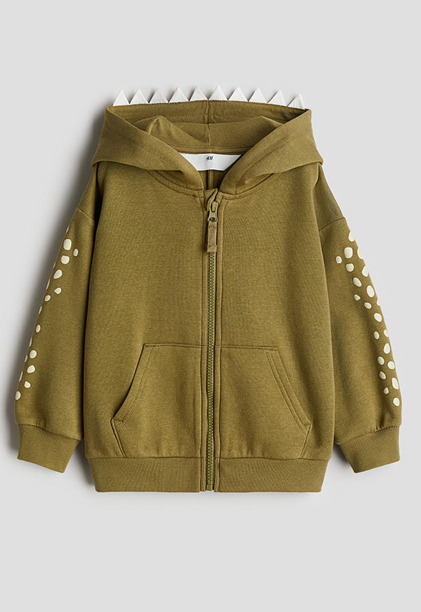H&M - Appliquéd zip-through hoodie - khaki green dinosaur