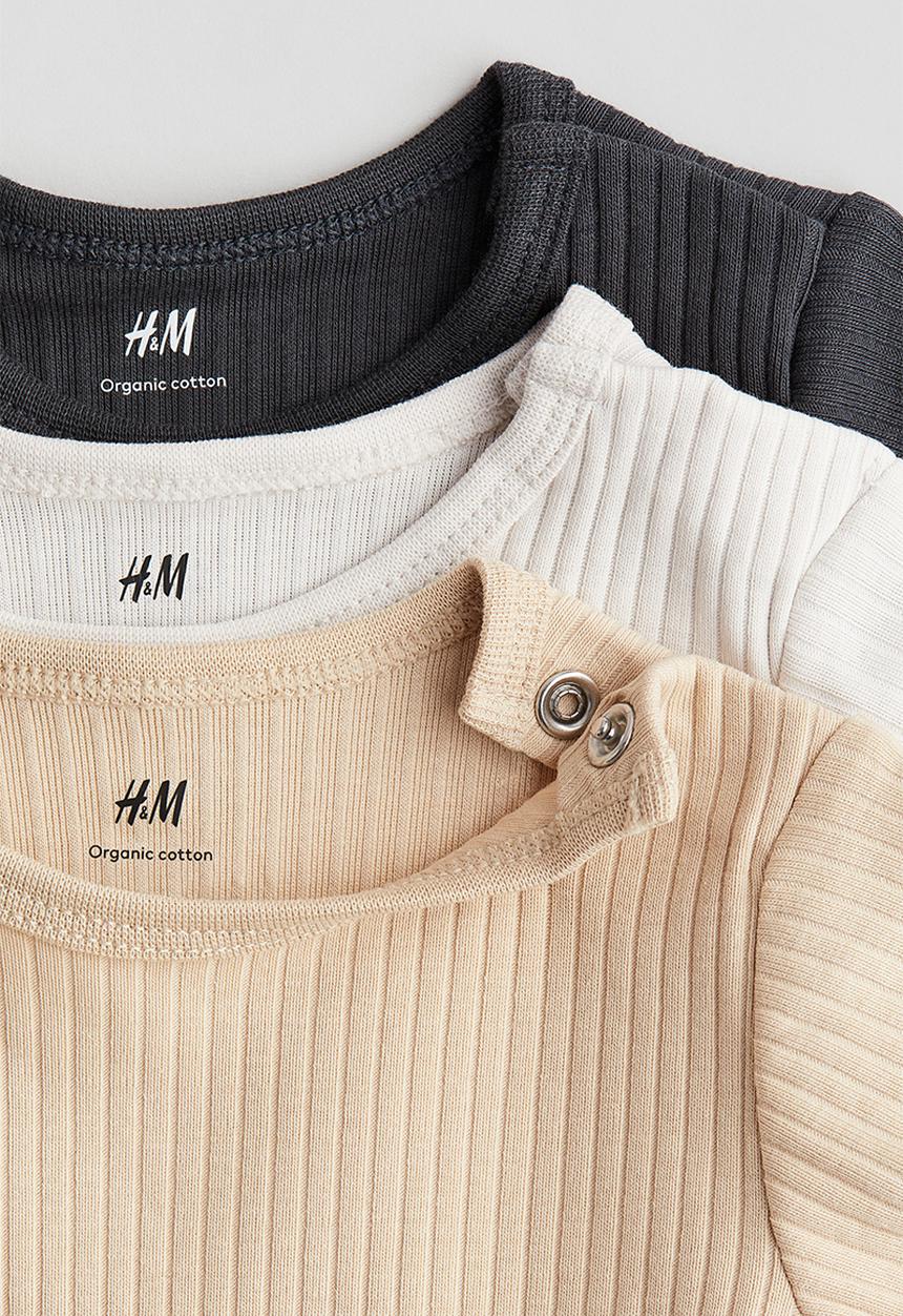 H&M - 3-Pack ribbed cotton bodysuits - dark grey & light beige