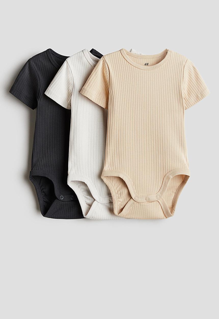 H&M - 3-Pack ribbed cotton bodysuits - dark grey & light beige