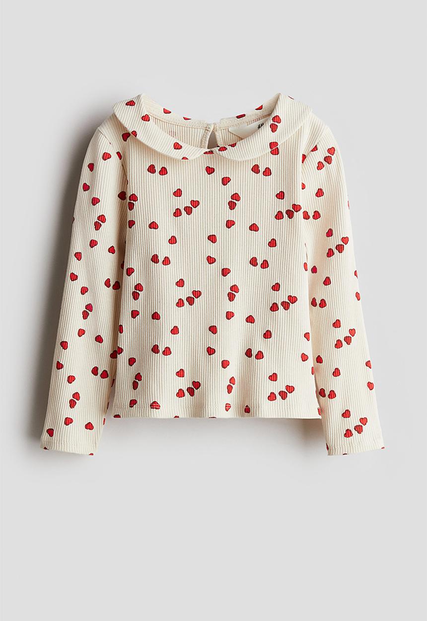 H&M - Collared jersey top - light beige hearts