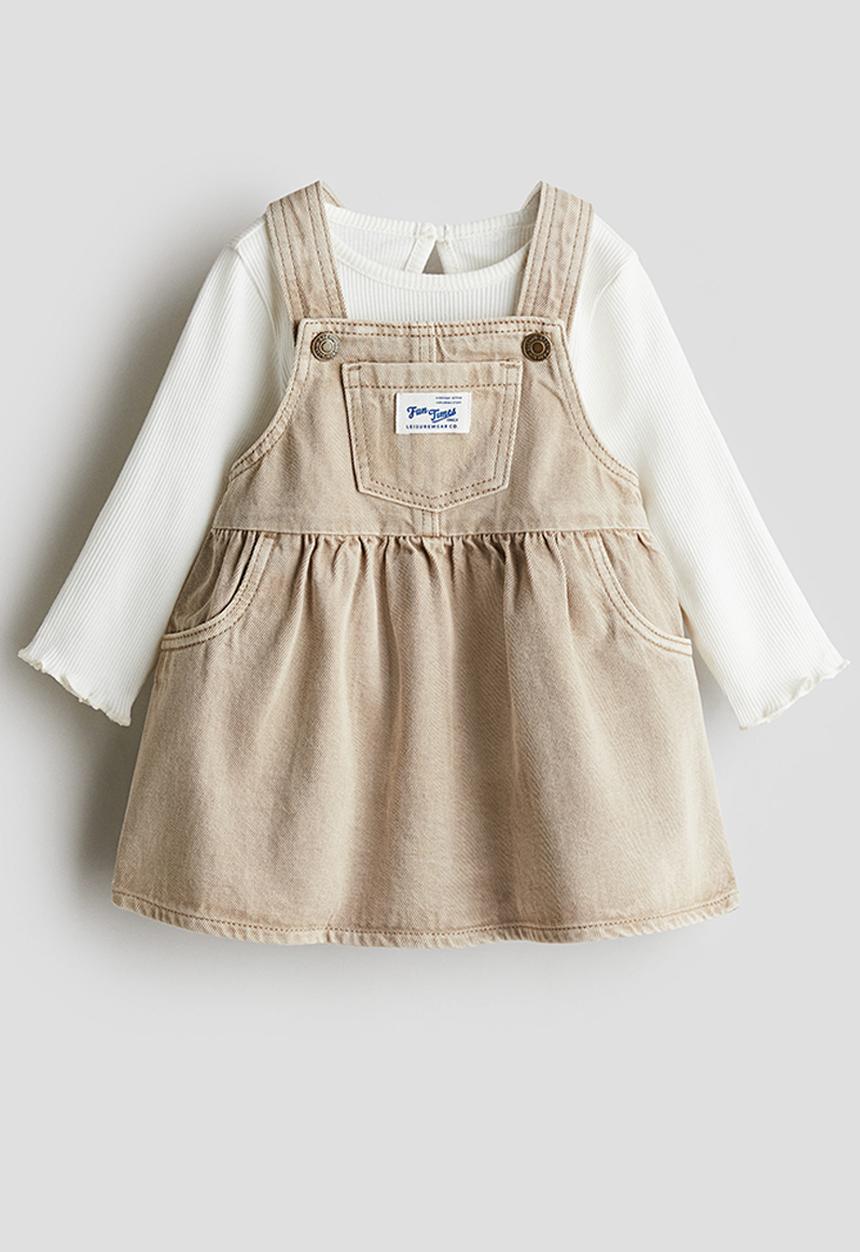 H&M - 2 piece denim dress and top set - beige & white