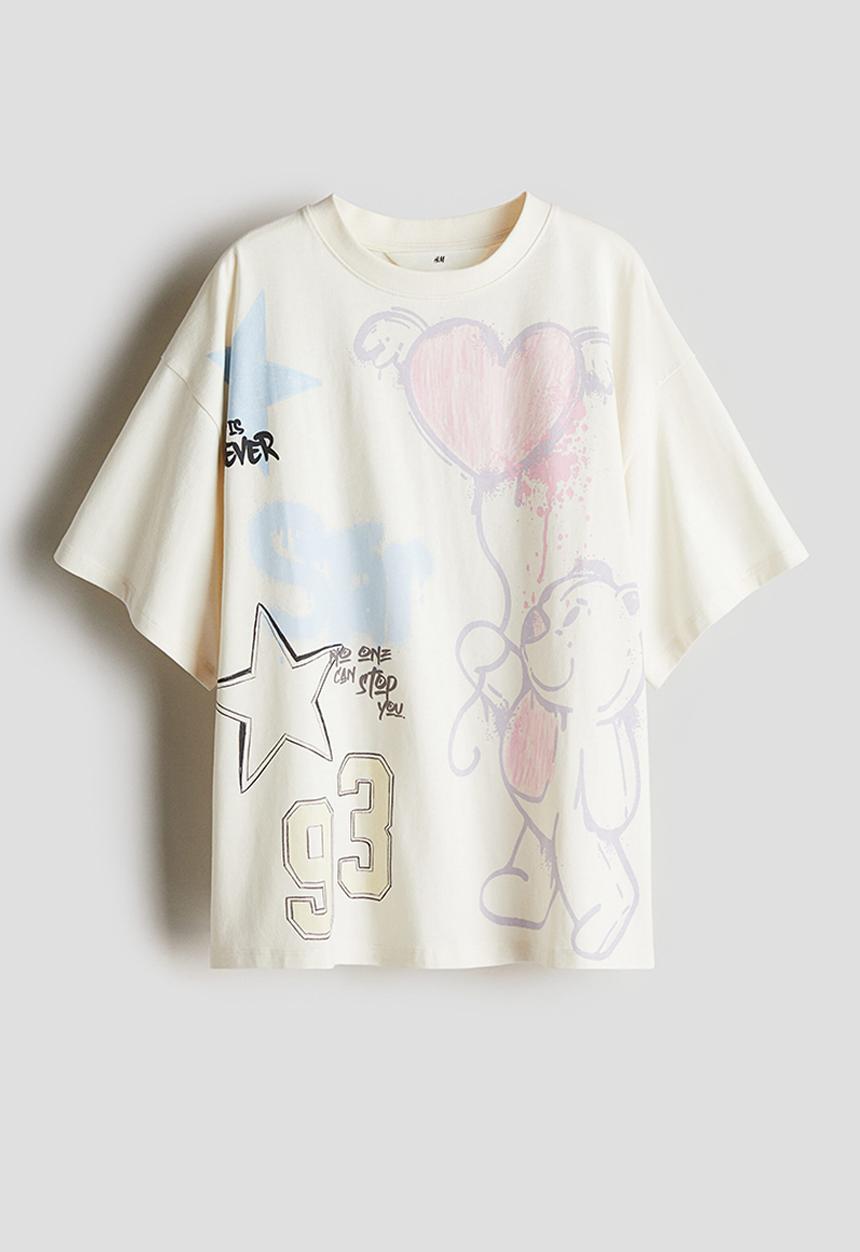 H&M - Oversized cotton t-shirt - cream teddy bear