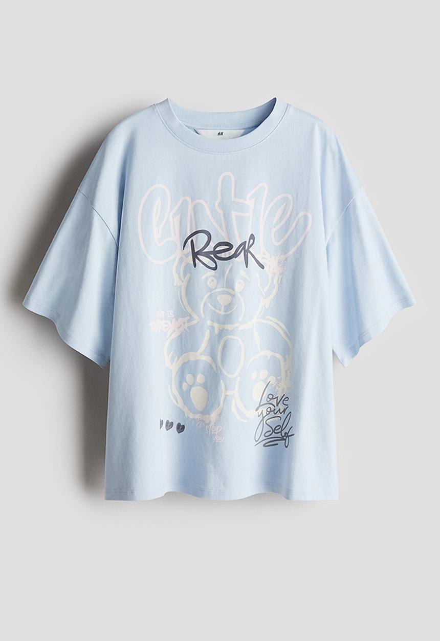 H&M - Oversized cotton t-shirt - light blue cutie bear