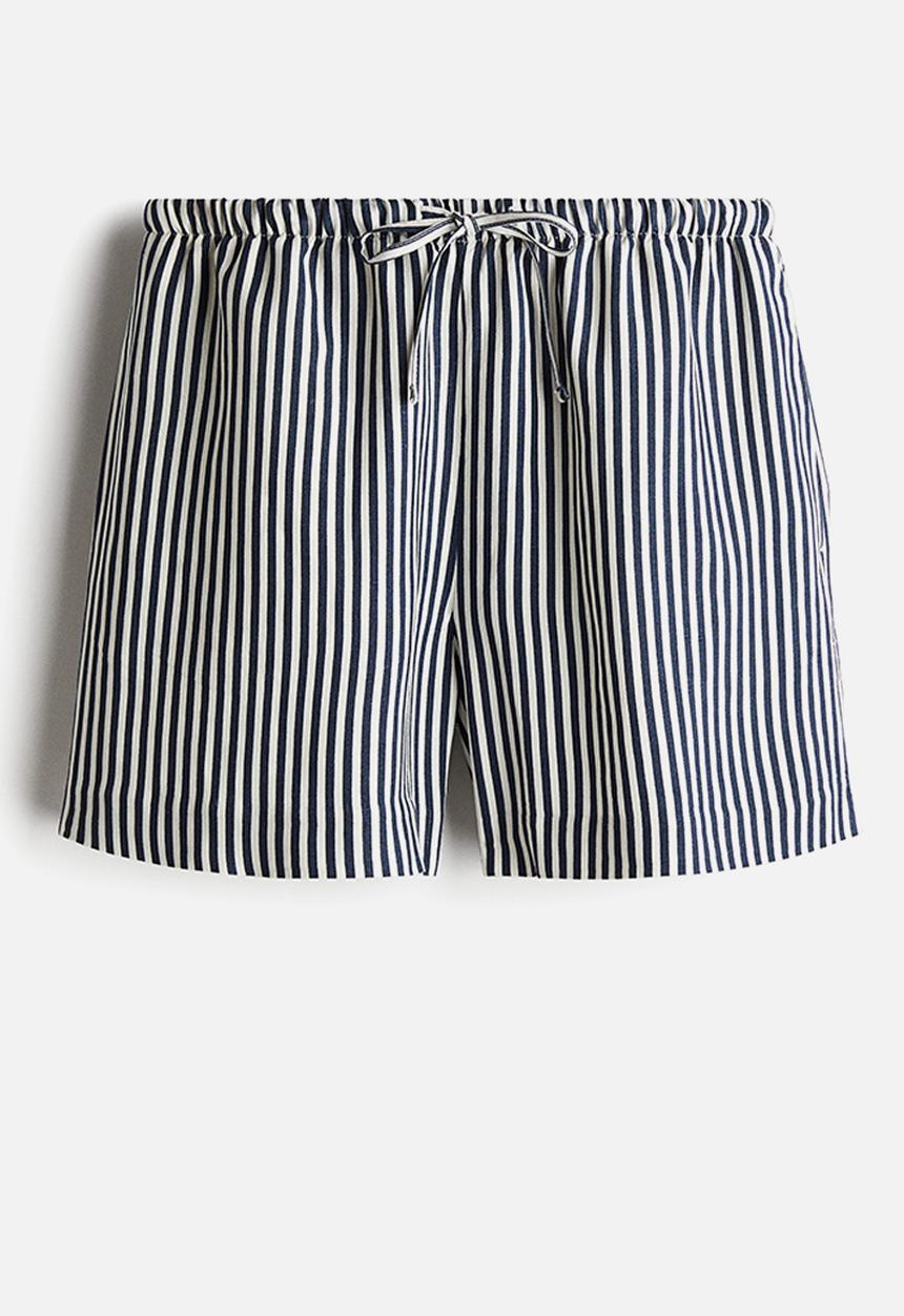 H&M - Linen-blend drawstring shorts - navy blue/striped 