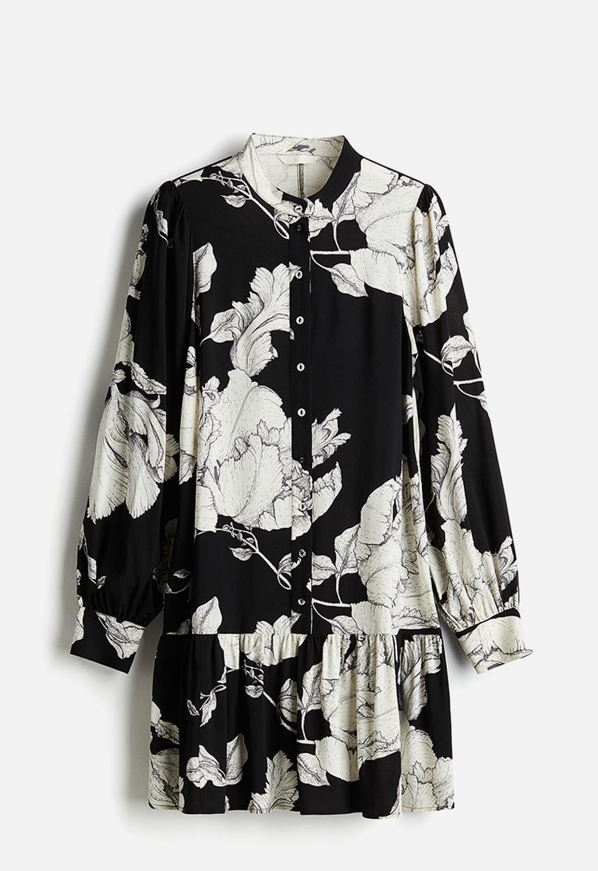 H&M - Patterned viscose dress - black/white floral