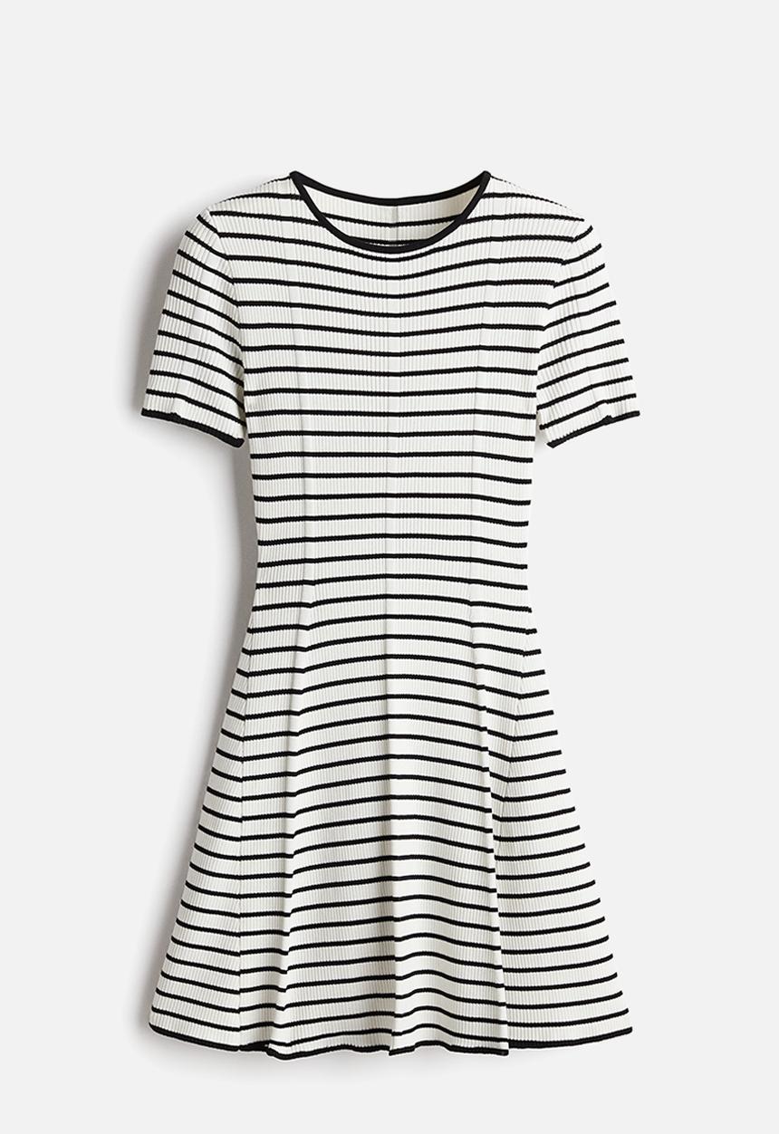 H&M - Rib-knit flared-skirt dress - cream striped