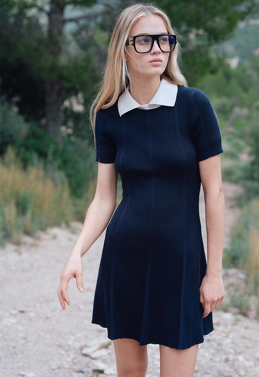 H&M - Rib-knit flared-skirt dress - navy blue