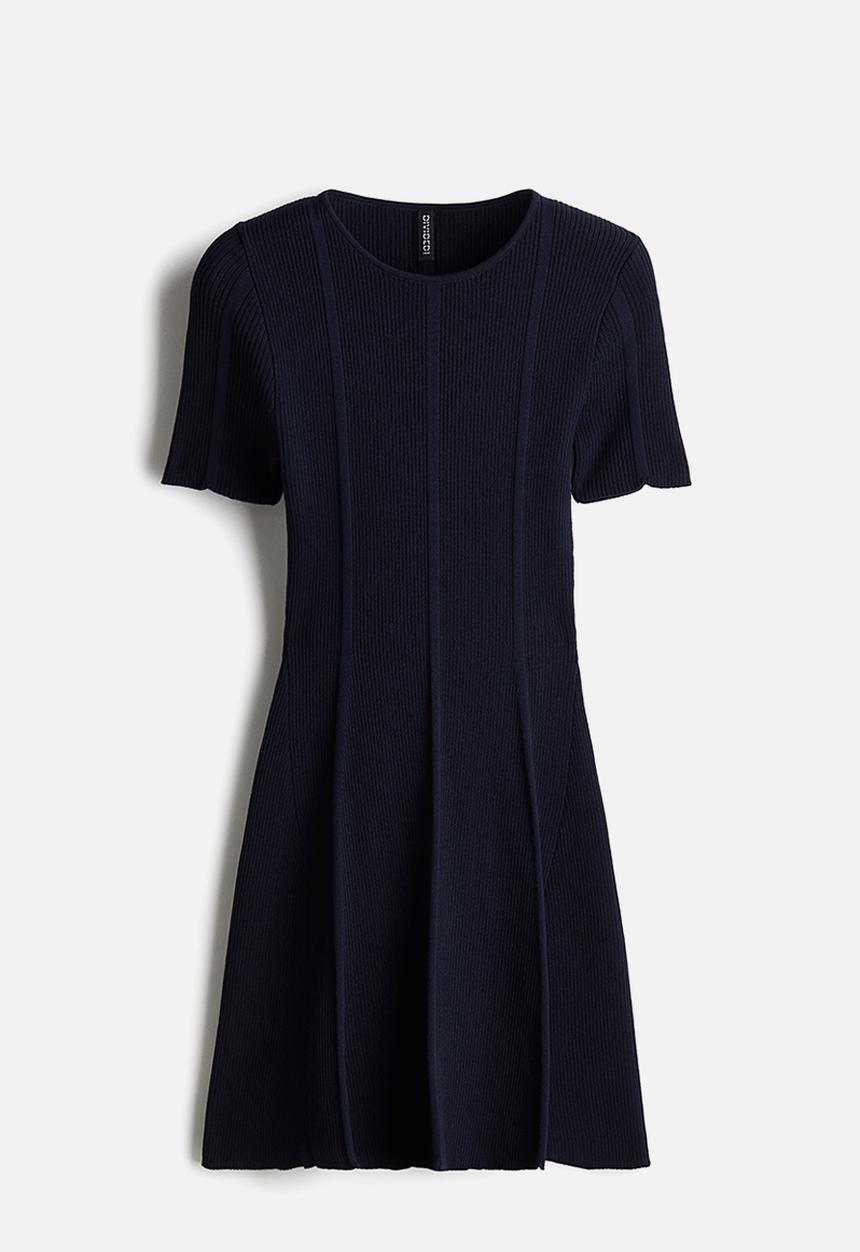 H&M - Rib-knit flared-skirt dress - navy blue