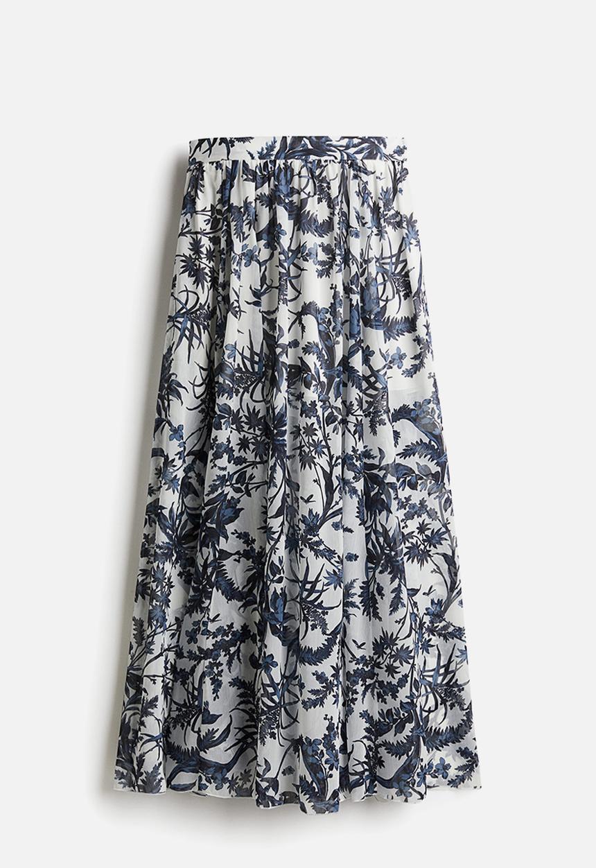 H&M - Chiffon maxi skirt -  white/navy blue patterned