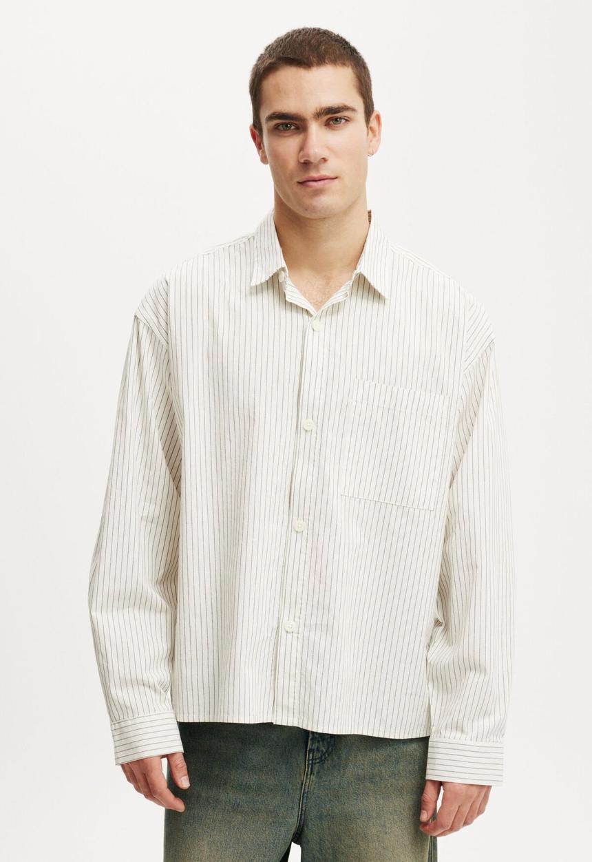 Cotton On - Hampton Long Sleeve Shirt - White Oxford Stripe