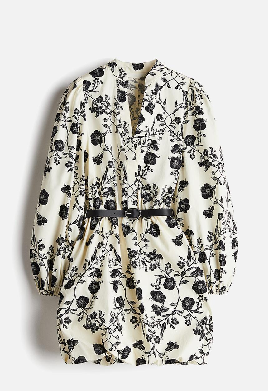 H&M - Belted bubble-hem dress - cream/floral