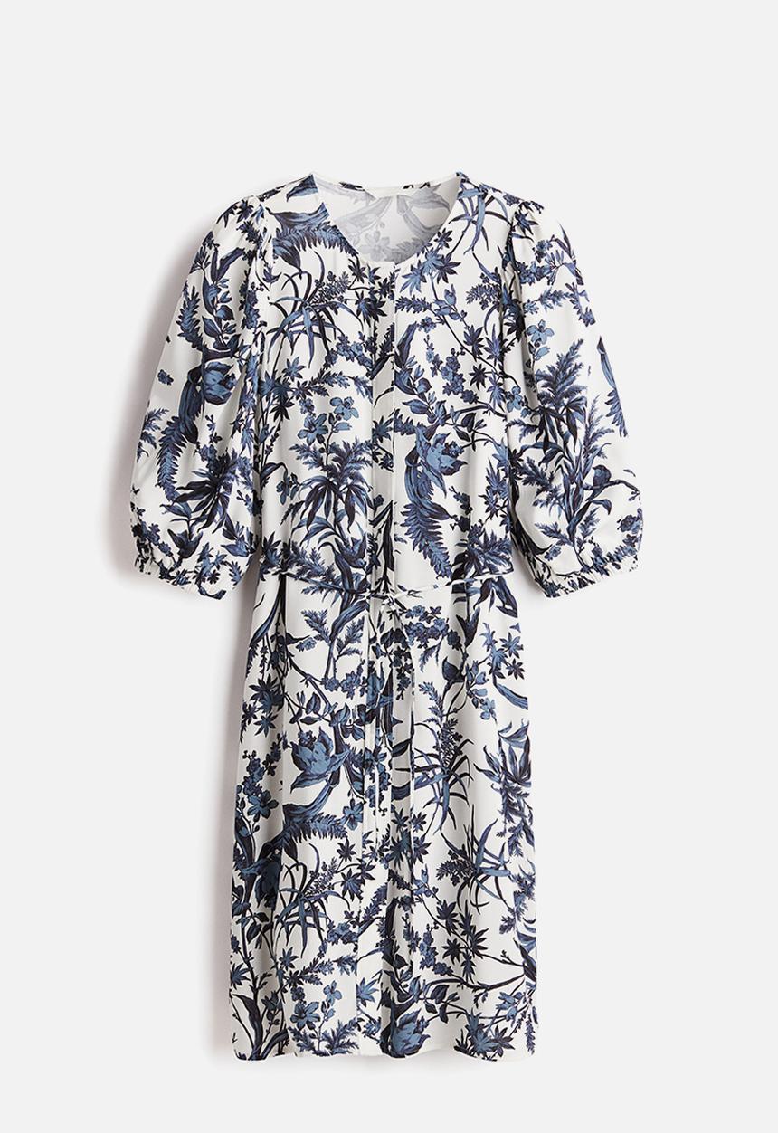 H&M - Tie-belt dress - white/blue patterned 
