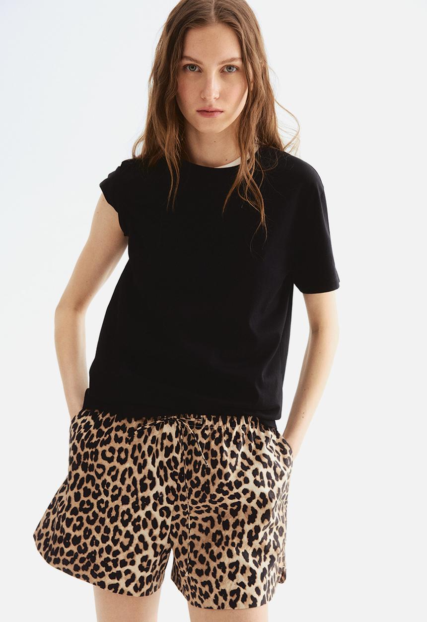 H&M - Cotton drawstring shorts - light beige & leopard print 