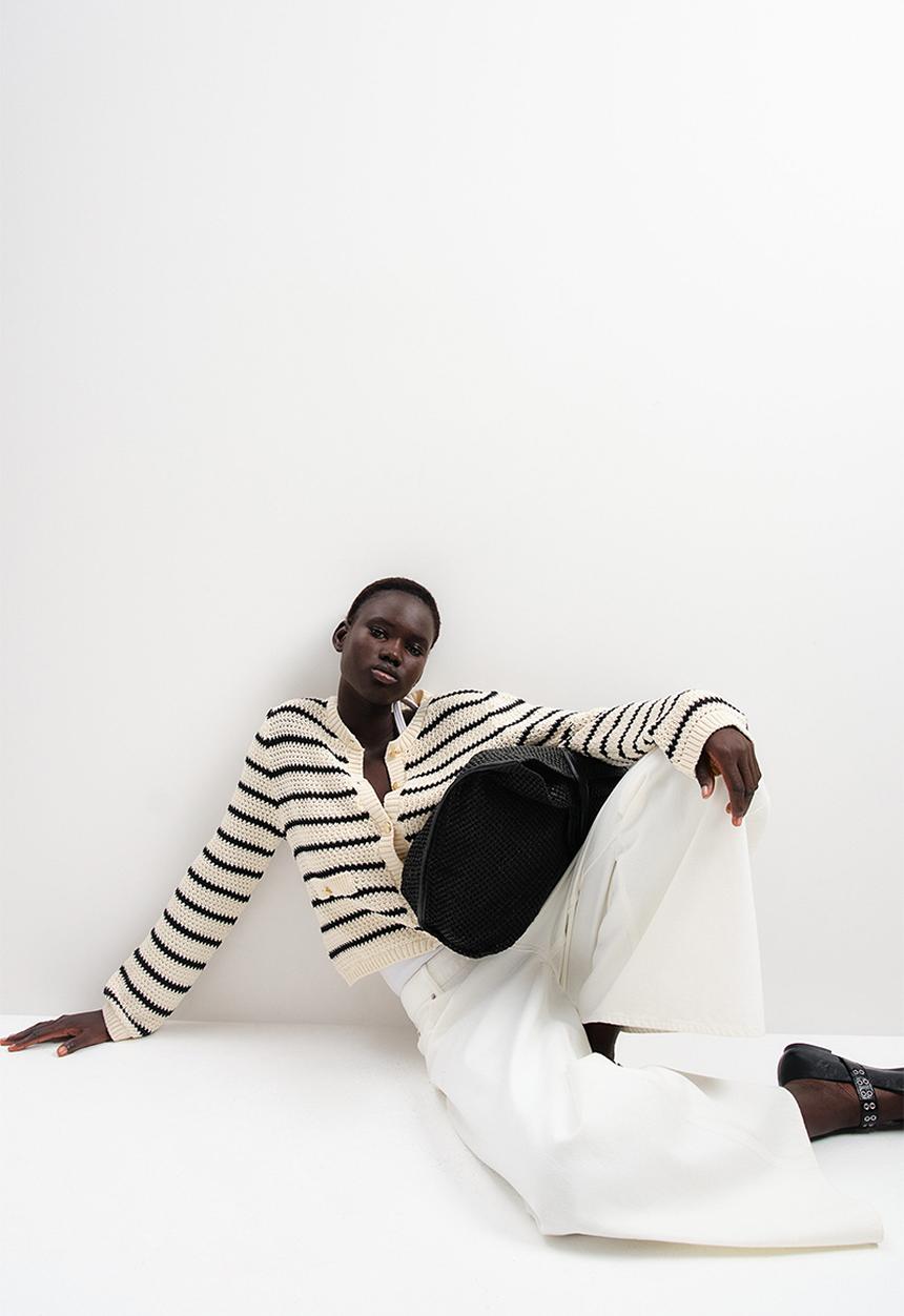 H&M - Textured-knit cardigan - cream & black striped