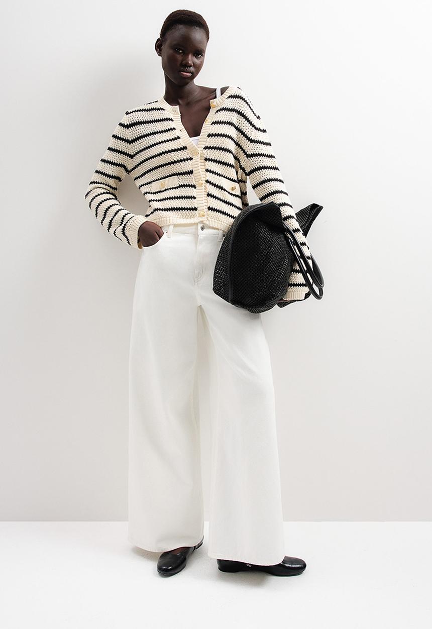 H&M - Textured-knit cardigan - cream & black striped
