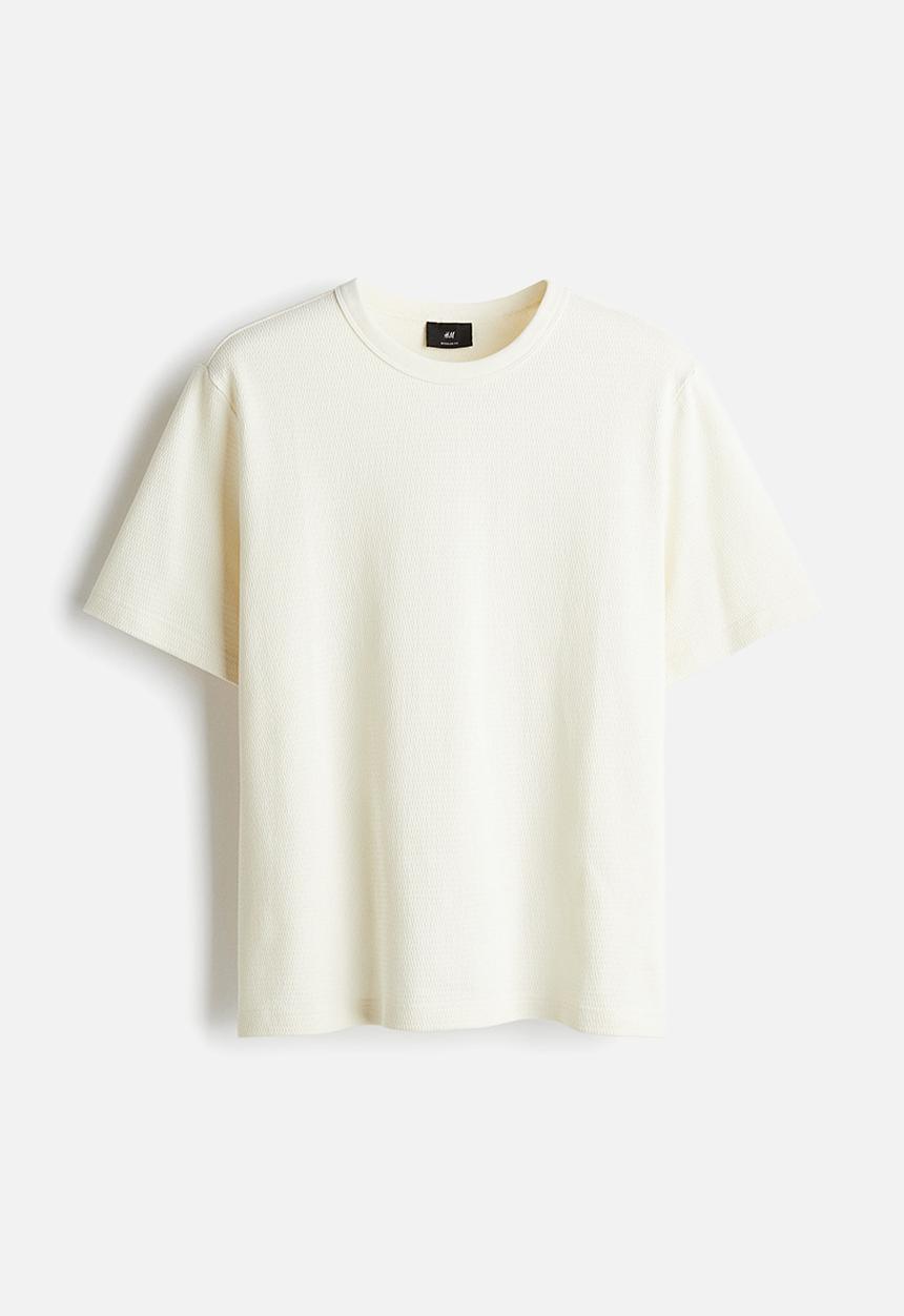 H&M - Regular fit waffled t-shirt - cream 