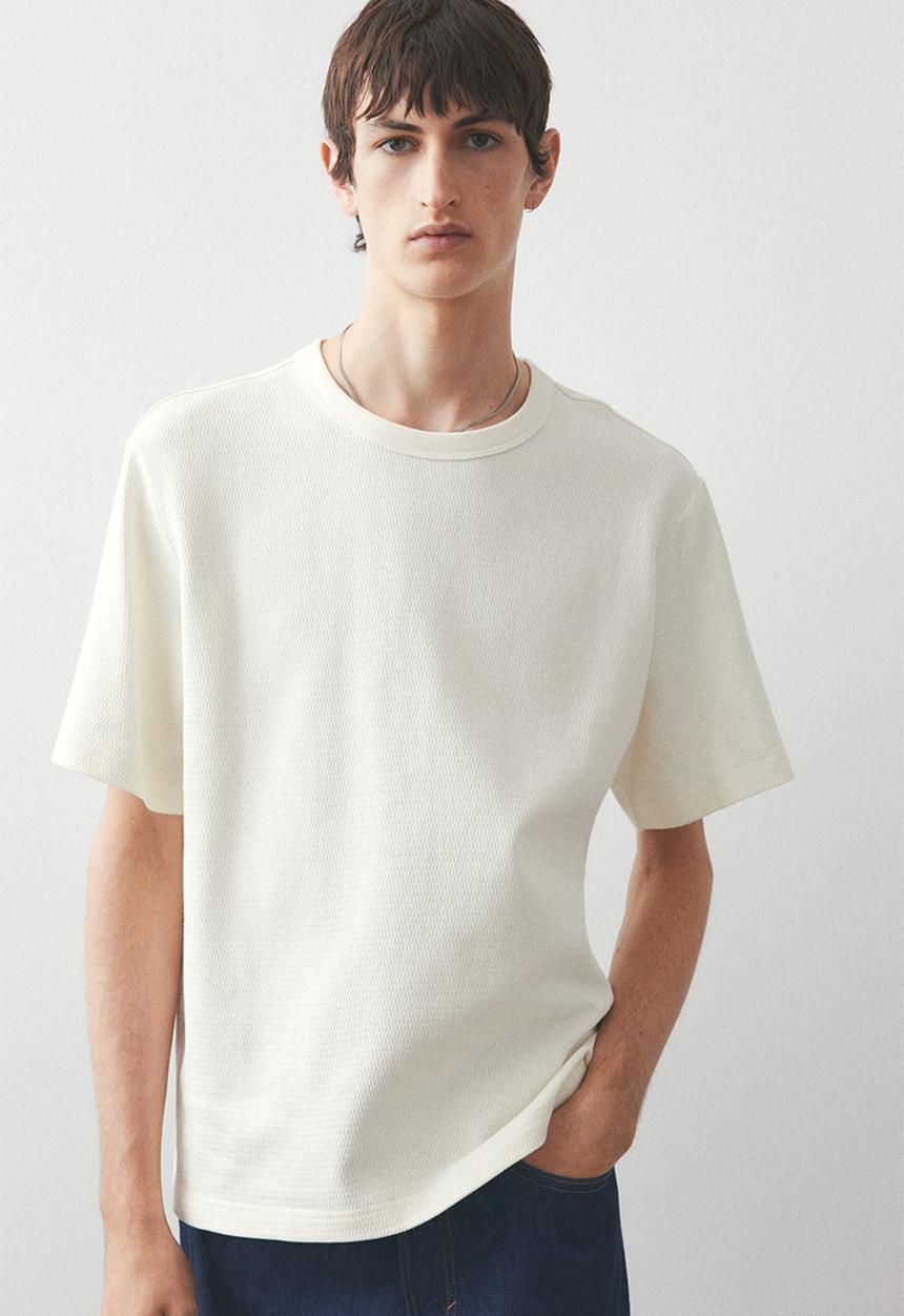 H&M - Regular fit waffled t-shirt - cream 