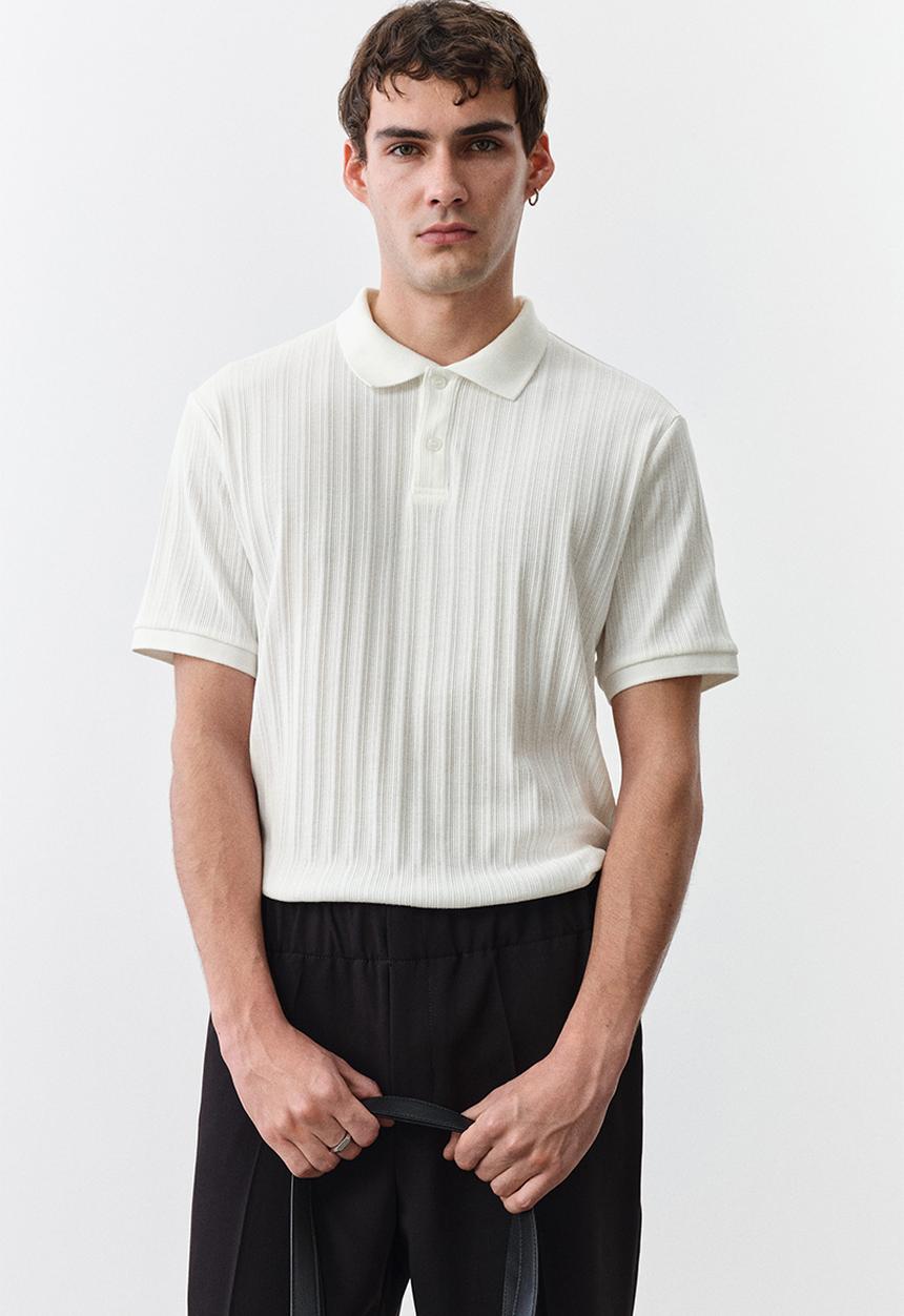 Slim fit textured jersey polo shirt - cream - 1276602001