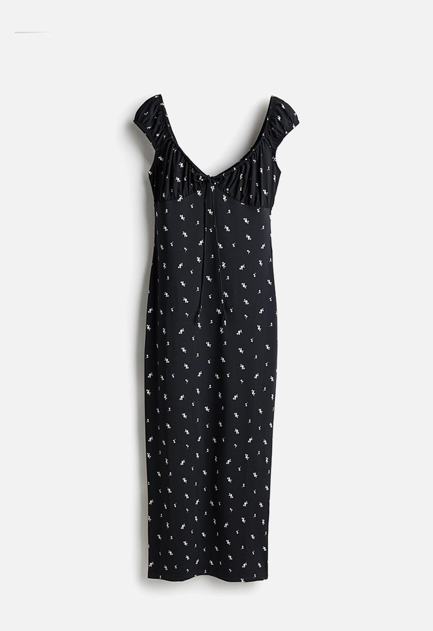 H&M - Drawstring-detail bodycon dress - black floral 