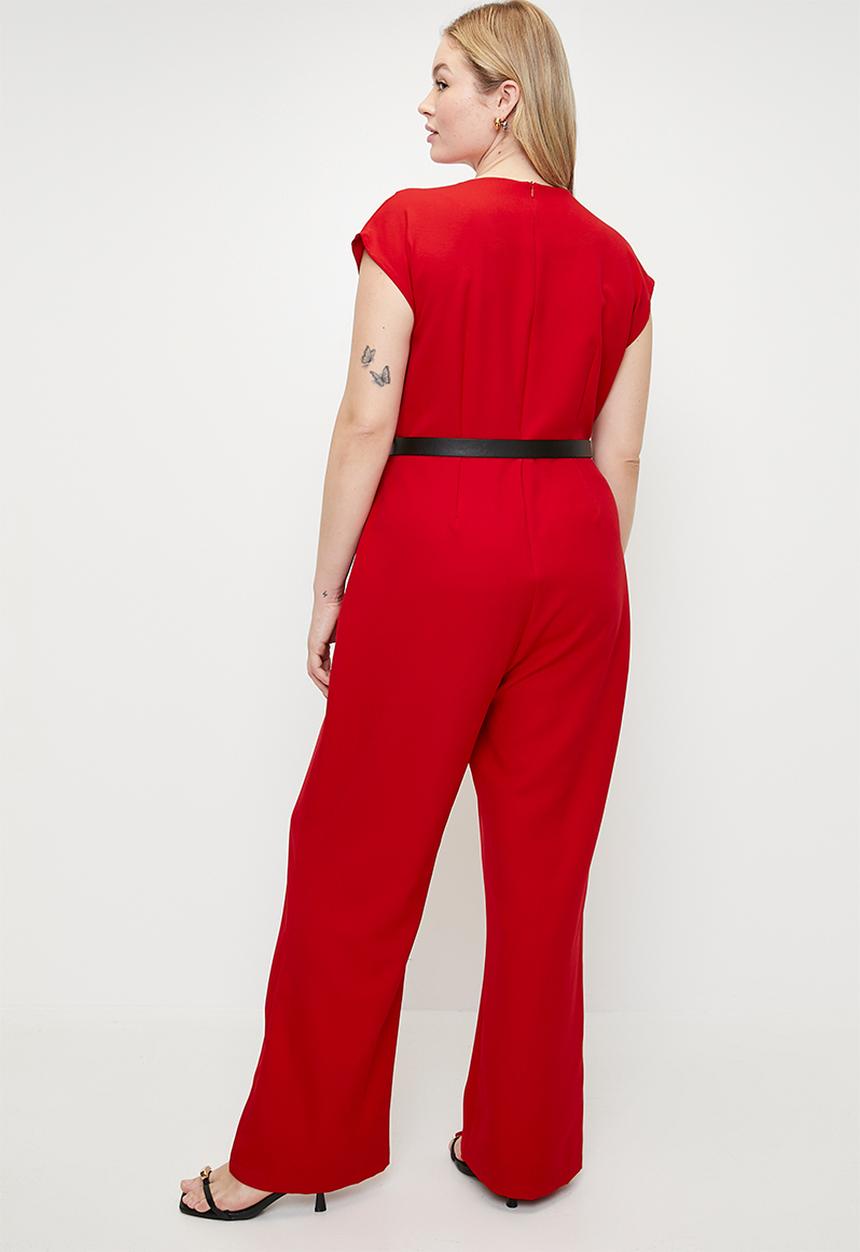 Trendyol - Plus size belted double breasted collar plus size woven jumpsuit  - red