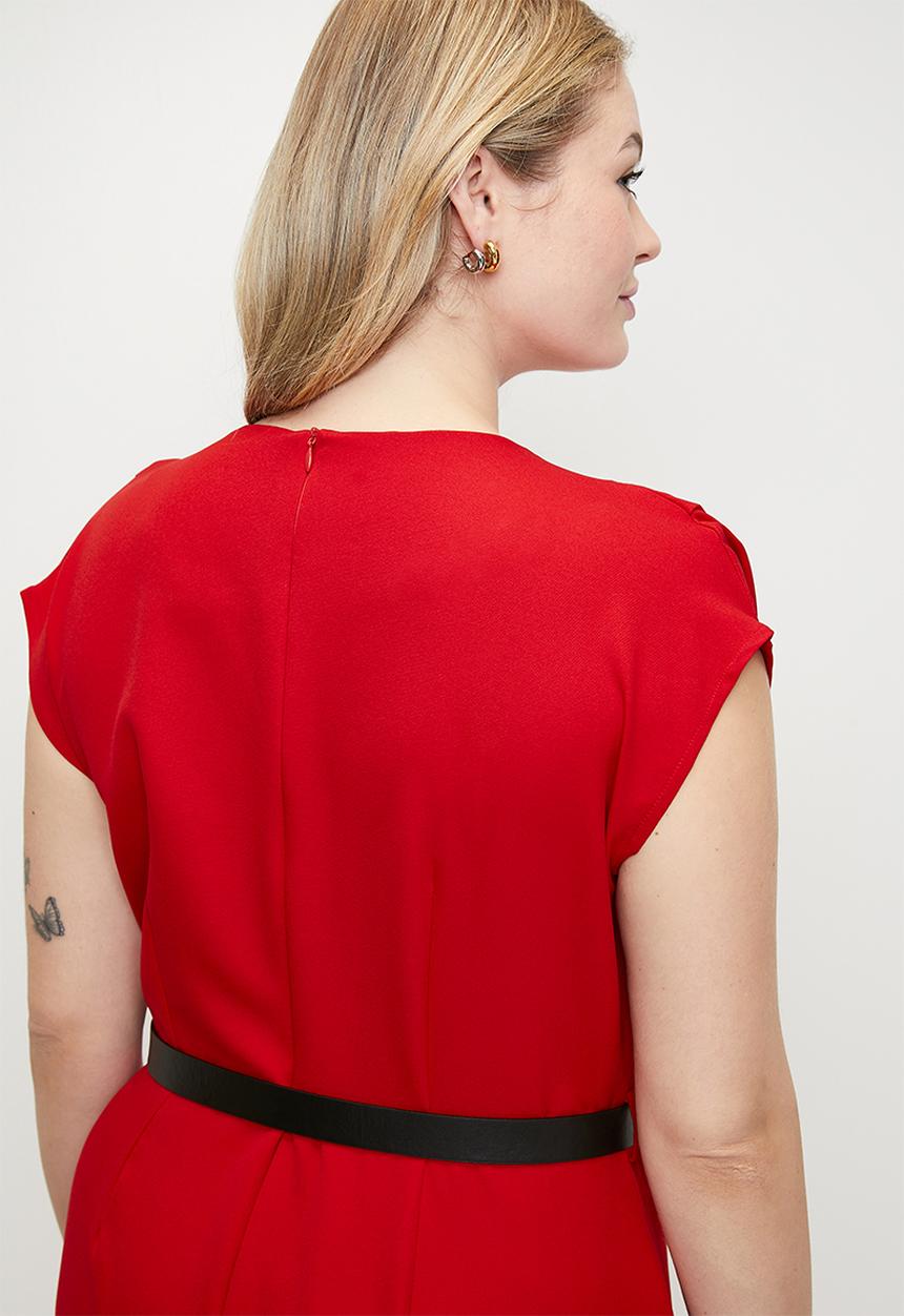 Trendyol - Plus size belted double breasted collar plus size woven jumpsuit  - red