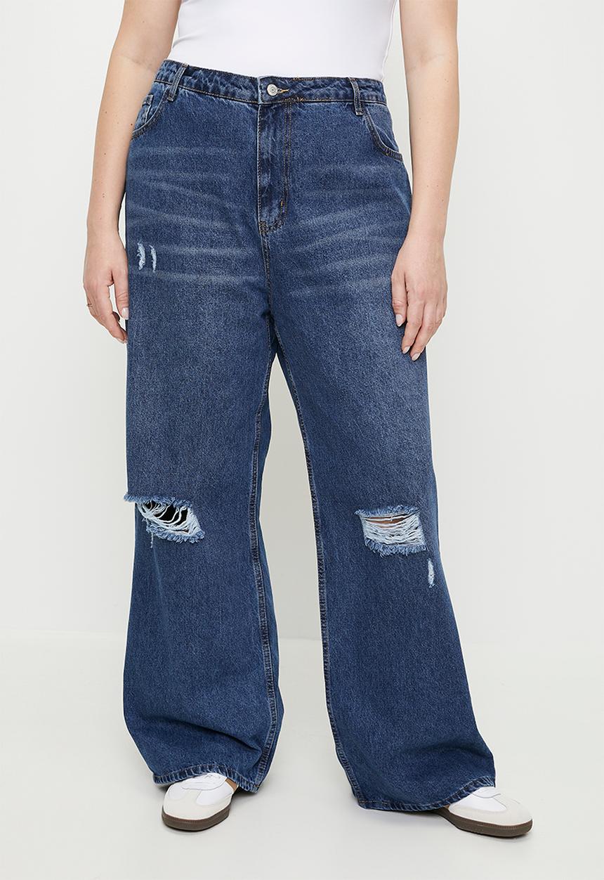 Trendyol - Plus size blue high waist destroyed wide leg  jeans  - dark blue