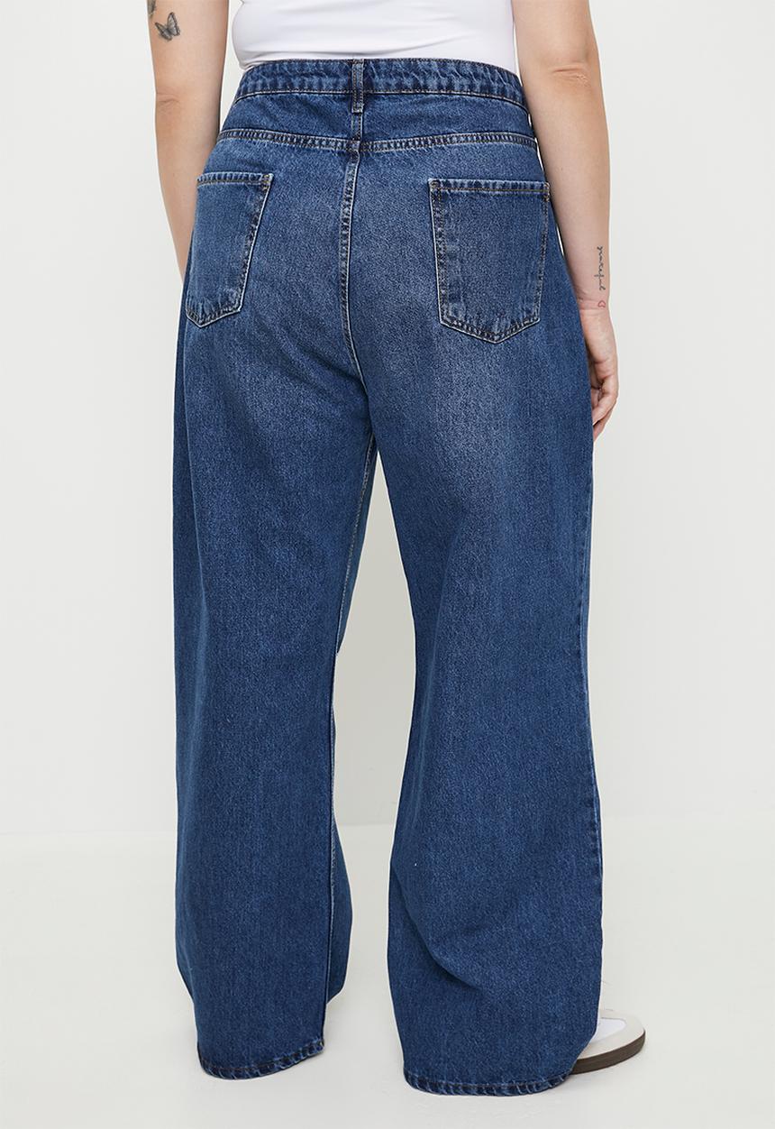 Trendyol - Plus size blue high waist destroyed wide leg  jeans  - dark blue