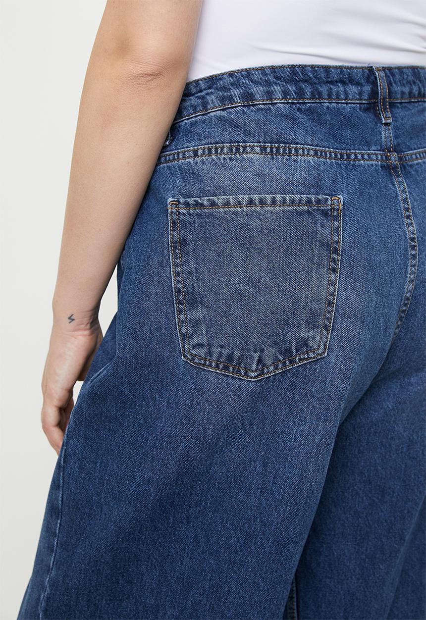 Trendyol - Plus size blue high waist destroyed wide leg  jeans  - dark blue