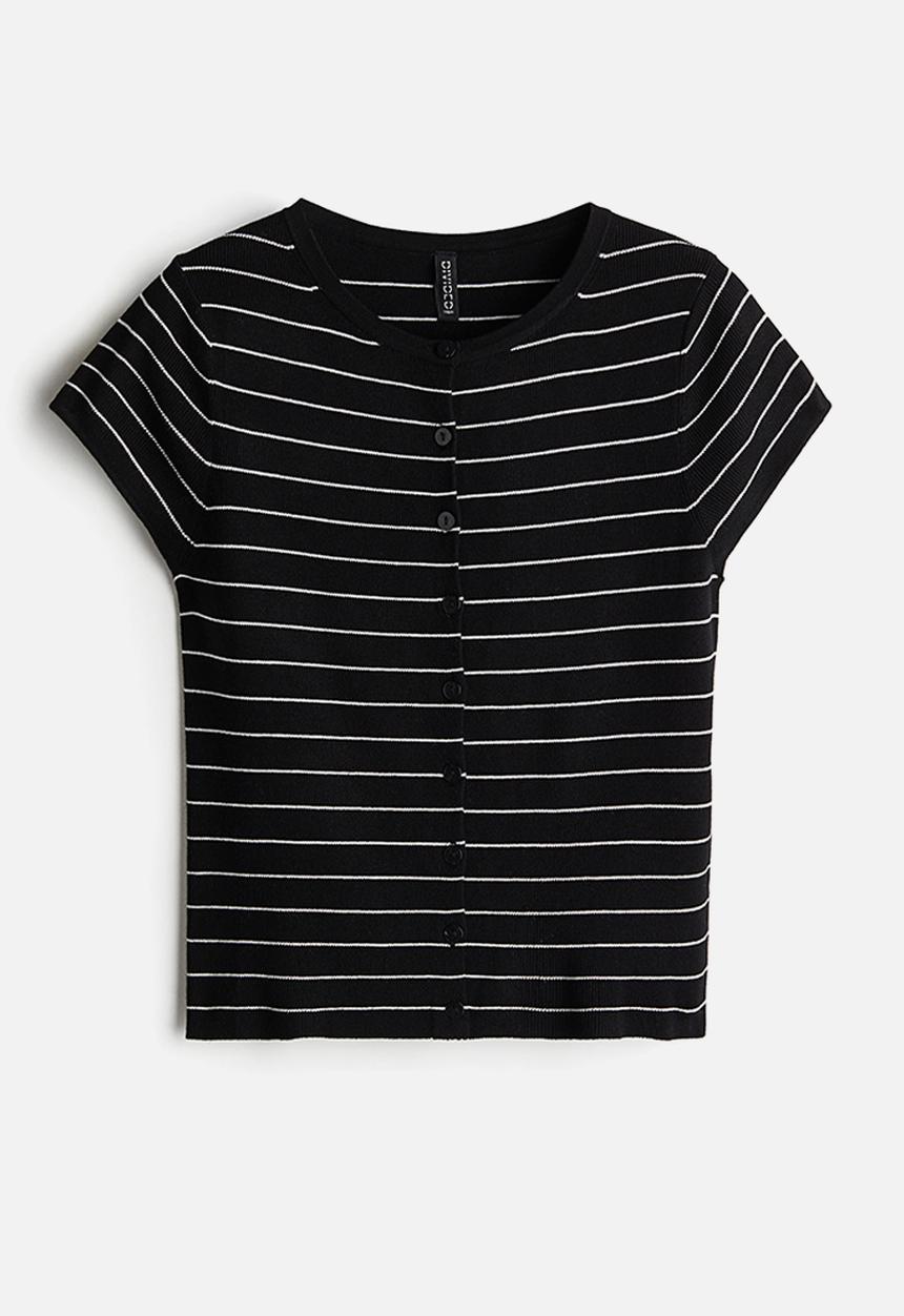 H&M - Short-sleeved fine-knit cardigan - black striped