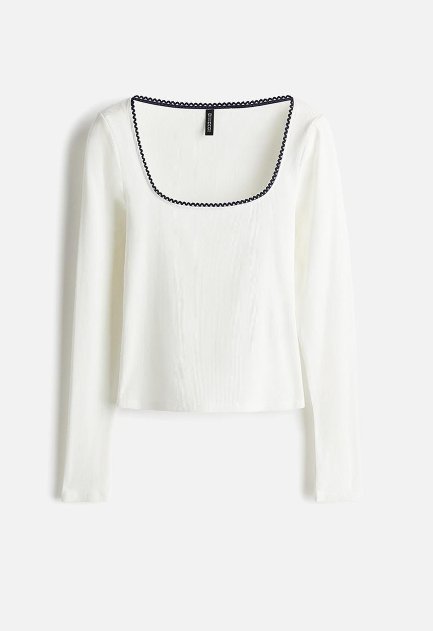 H&M - Picot-trimmed ribbed top - cream