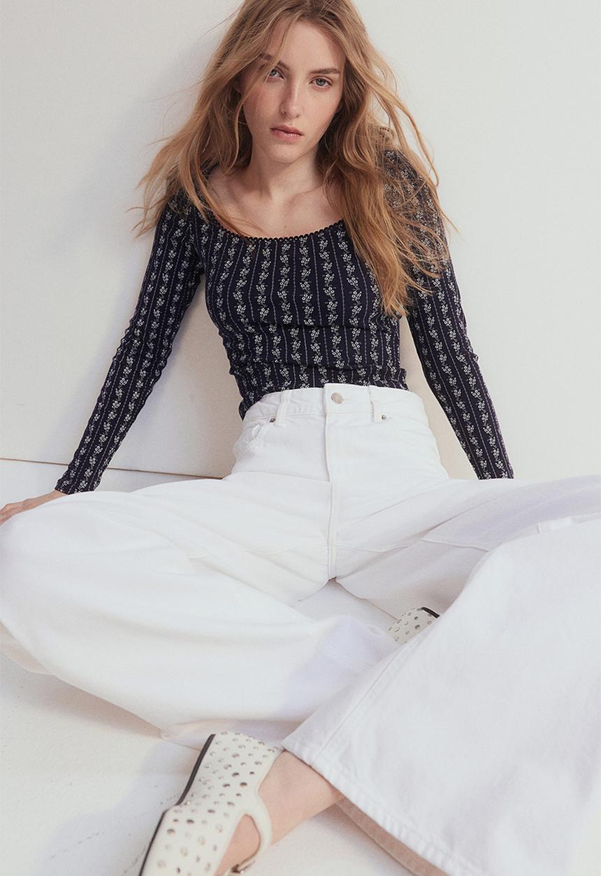 H&M - Picot-trimmed ribbed top - navy blue floral