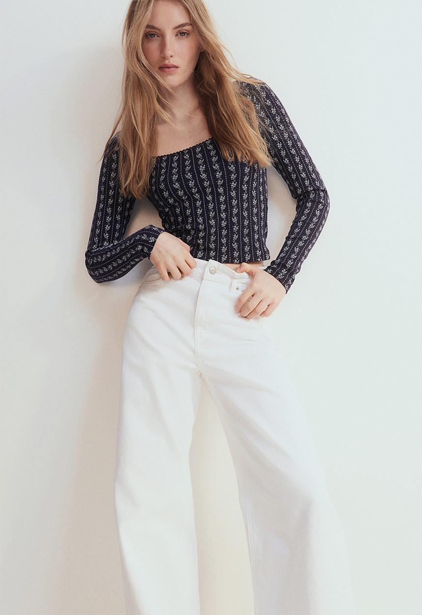 H&M - Picot-trimmed ribbed top - navy blue floral
