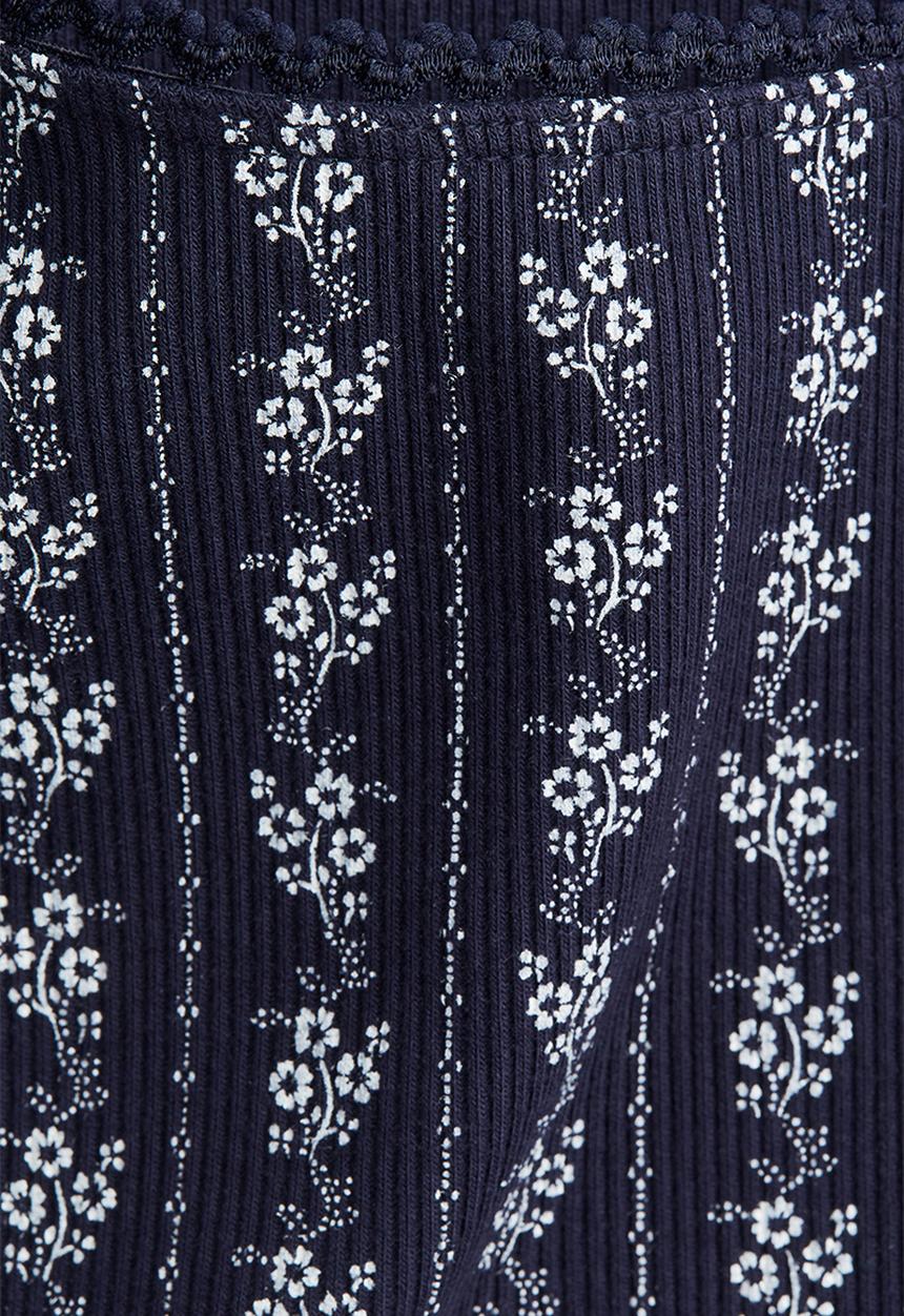 H&M - Picot-trimmed ribbed top - navy blue floral