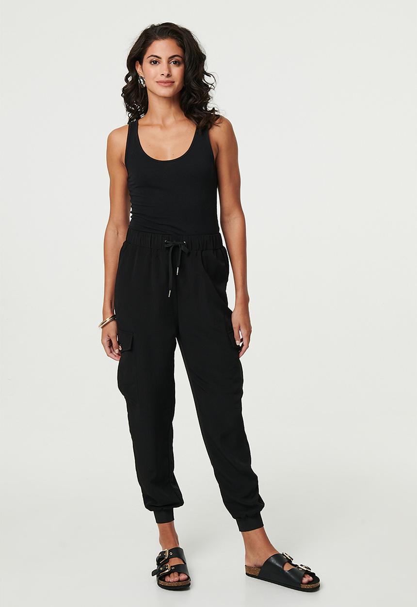 Izabel London - Capri length ribbed and cuffed cargo suit pant - Black