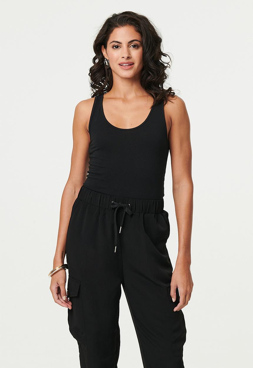 Izabel London - Capri length ribbed and cuffed cargo suit pant - Black