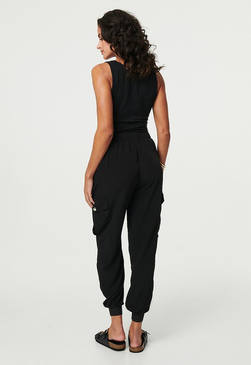 Izabel London - Capri length ribbed and cuffed cargo suit pant - Black