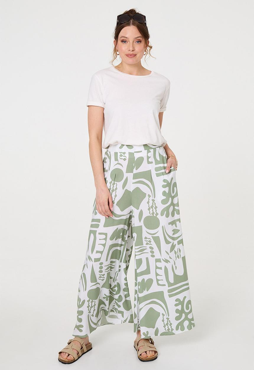 Izabel London - Multi design print Palazzo Wide Leg Pant - Sage